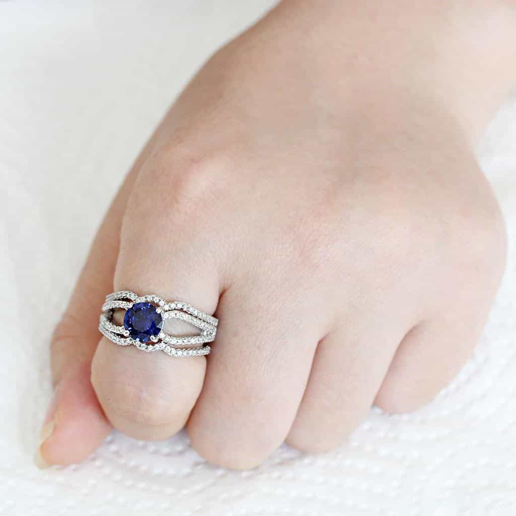 Brass Sapphire Round Solitaire Split Pavé Bridal Ring view 7