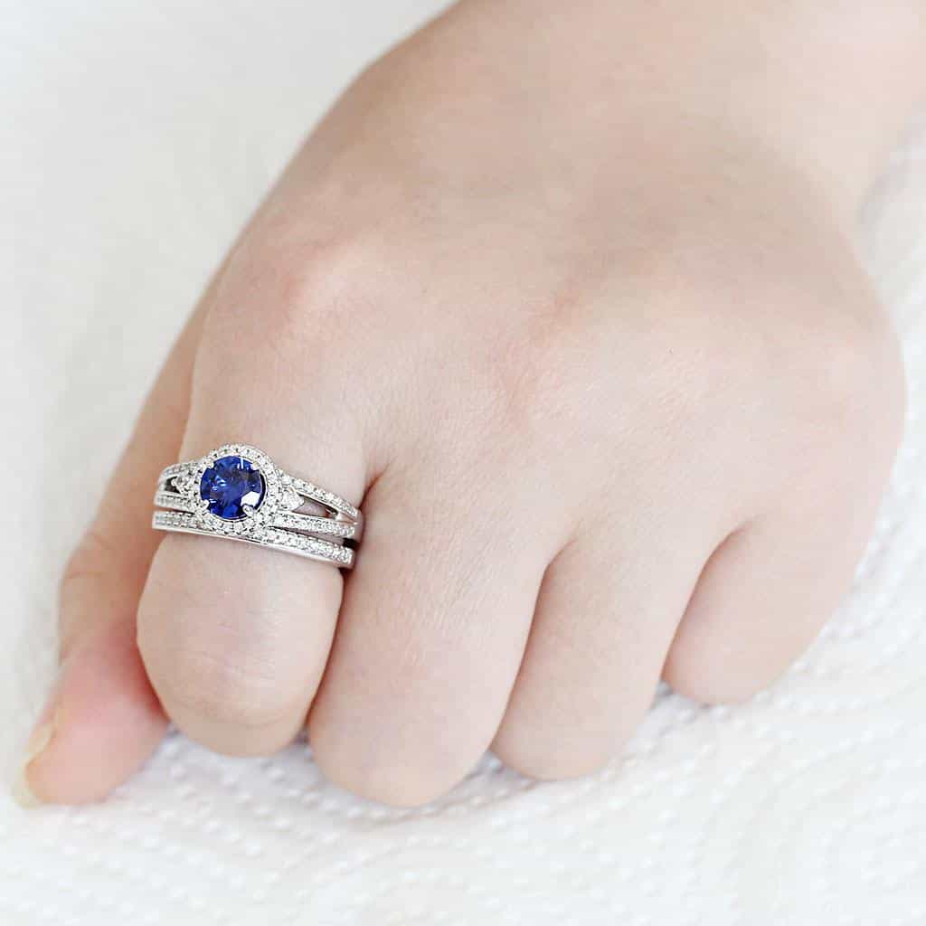 Brass Sapphire Round Halo Split Pavé Bridal Ring view 7