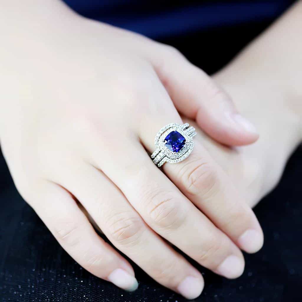 Brass Sapphire Cushion Double Halo Bridal Ring view 10
