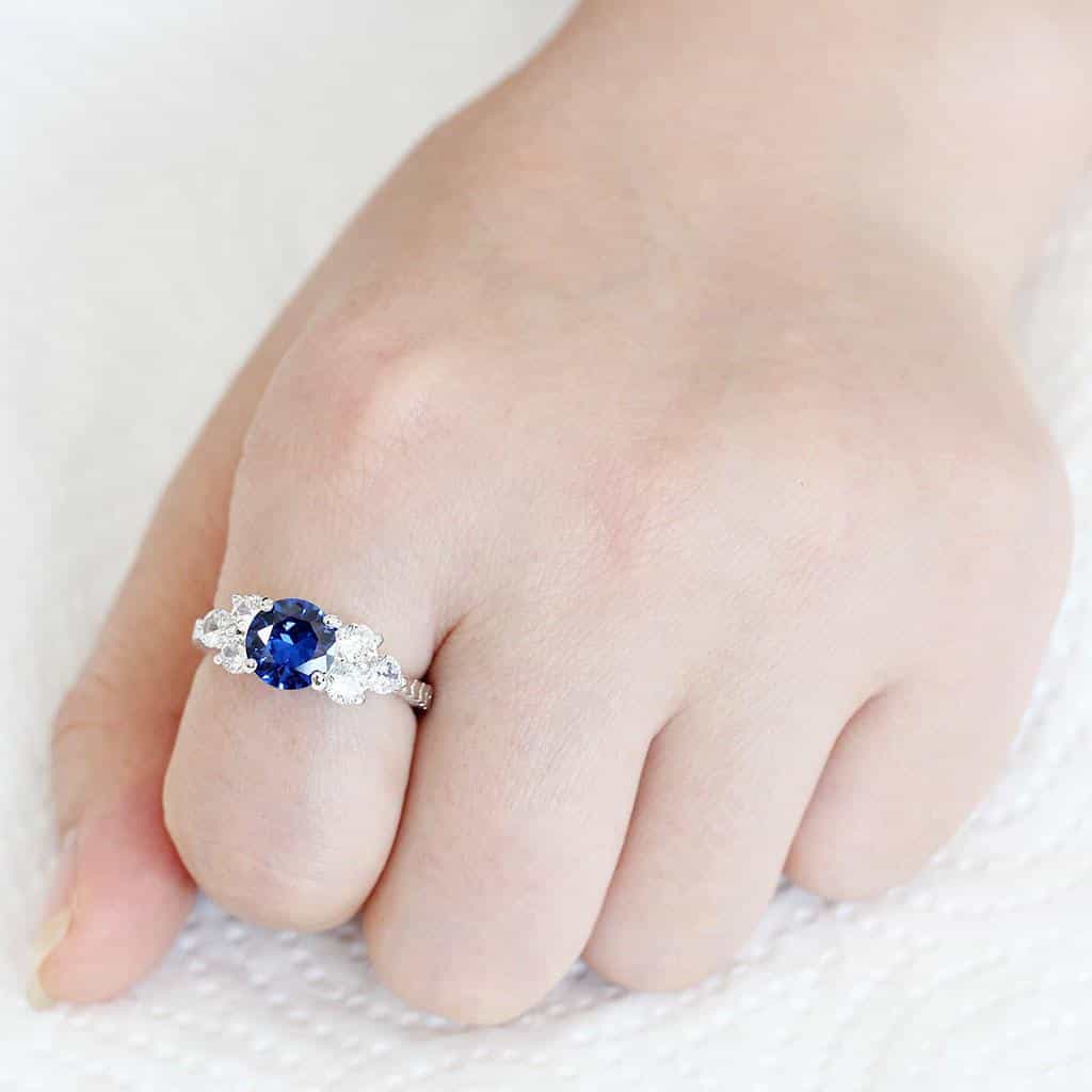 Brass Sapphire Oval Three-Stone Pavé Ring | The Stainless Jewelry view 7