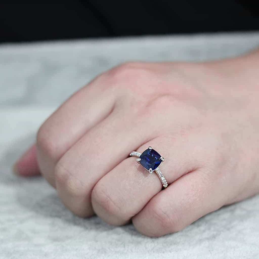 Brass Sapphire Cushion Solitaire Pavé Ring view 5