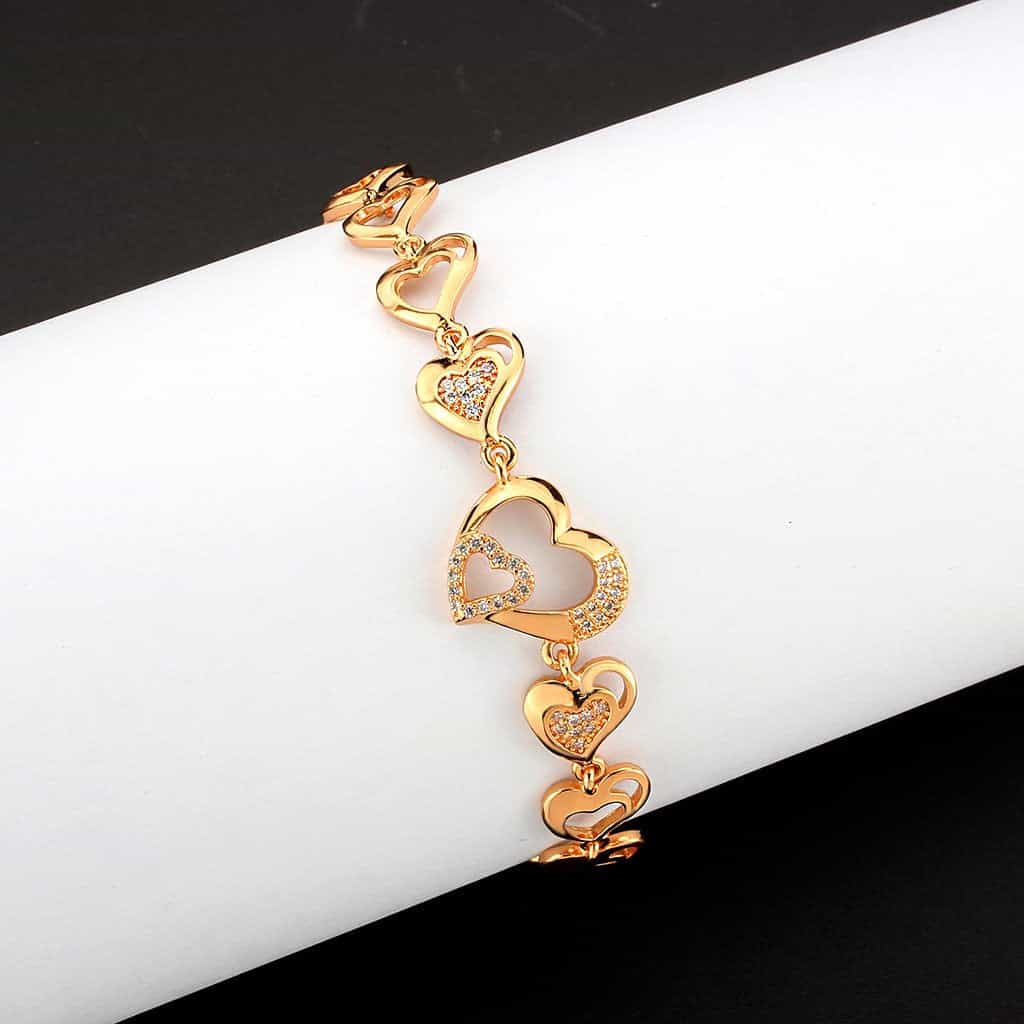 Brass Rose Gold CZ Open Heart Link Bracelet view 1
