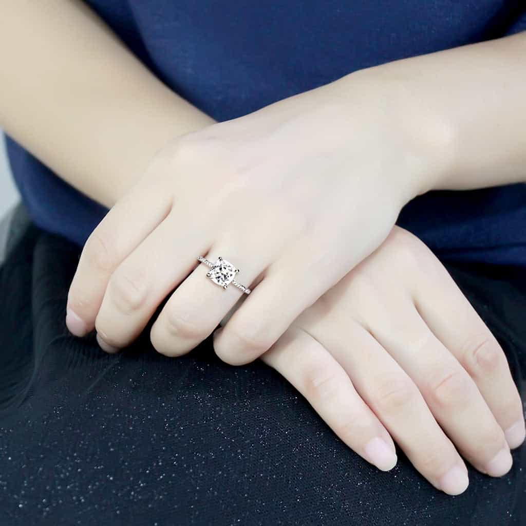Brass CZ Cushion Solitaire Pavé Band Ring | The Stainless Jewelry view 10