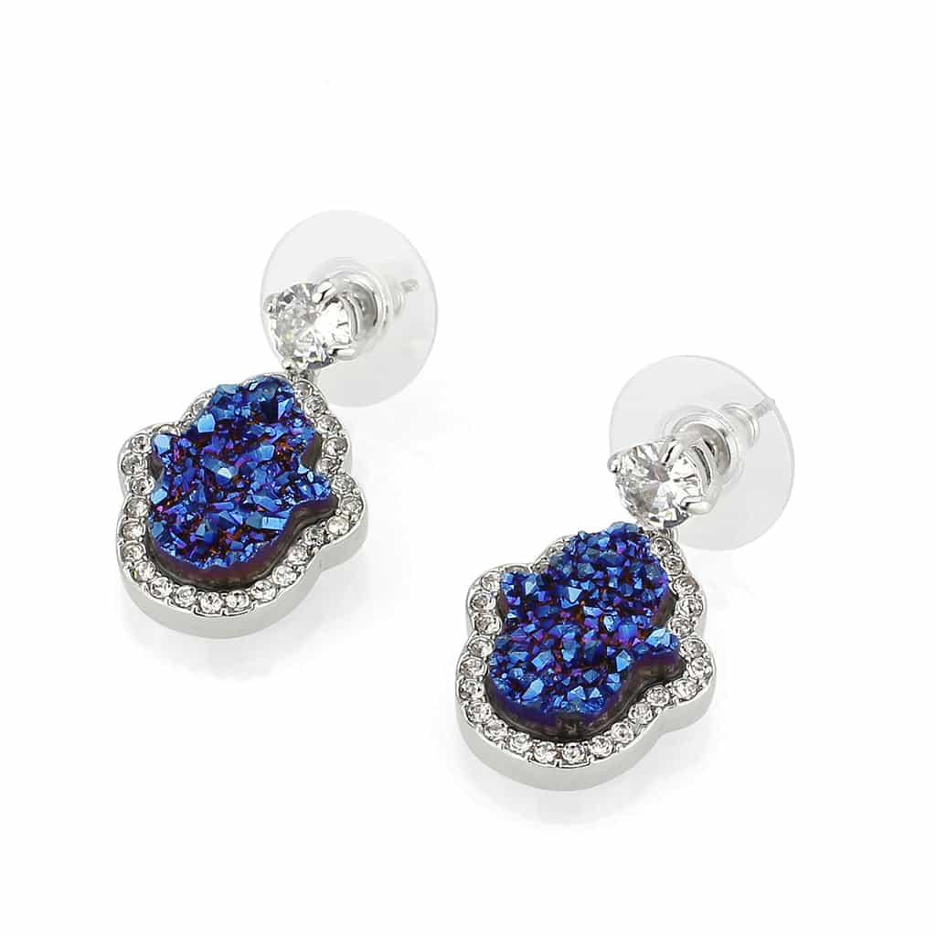 Brass Blue Druzy Flower Halo Drop Earrings view 3
