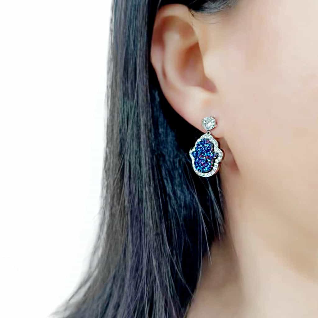 Brass Blue Druzy Flower Halo Drop Earrings view 4