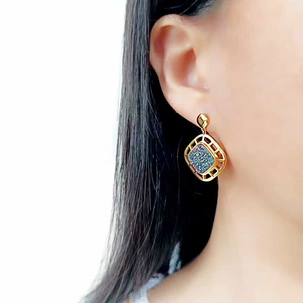 Brass Gold Rainbow Druzy Square Open Lattice Drop Earrings view 3