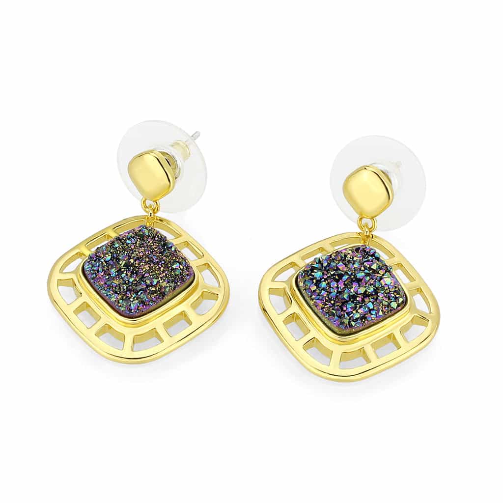 Brass Gold Rainbow Druzy Square Open Lattice Drop Earrings view 1