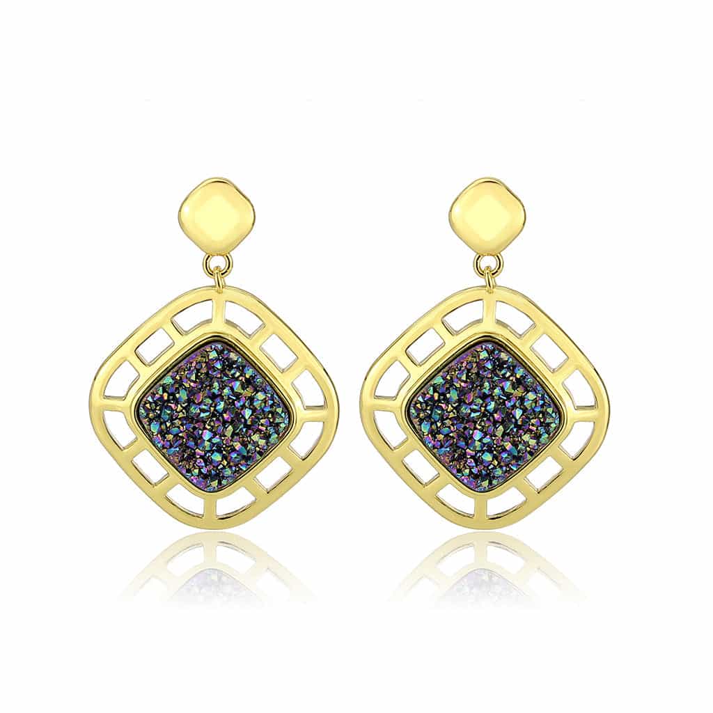 Brass Gold Rainbow Druzy Square Open Lattice Drop Earrings view 4