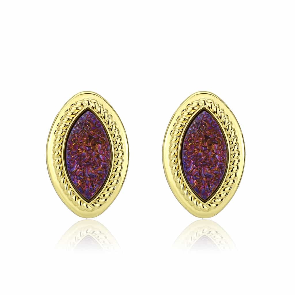 Brass Gold Purple Druzy Marquise Rope Stud Earrings view 4