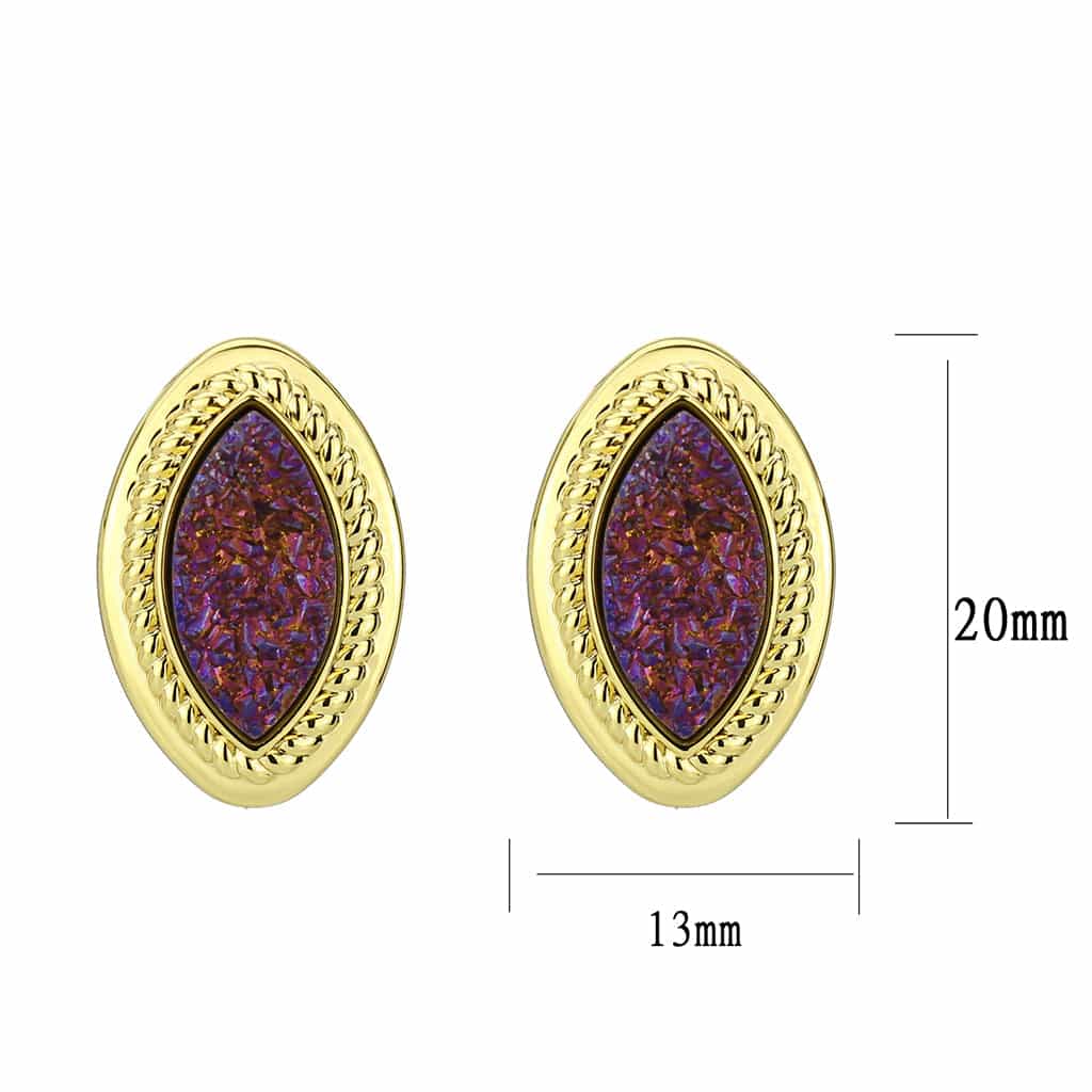 Brass Gold Purple Druzy Marquise Rope Stud Earrings view 2