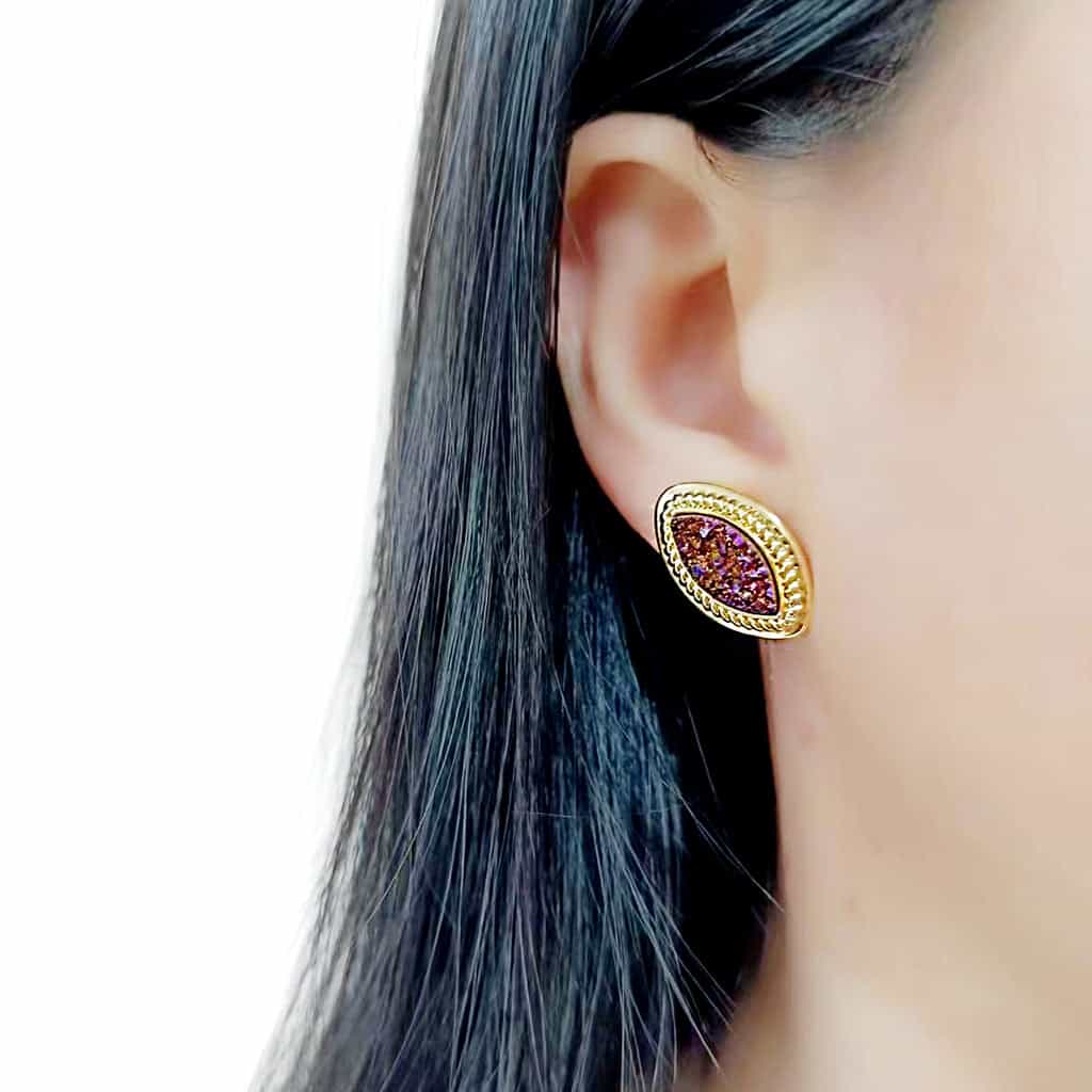 Brass Gold Purple Druzy Marquise Rope Stud Earrings view 3