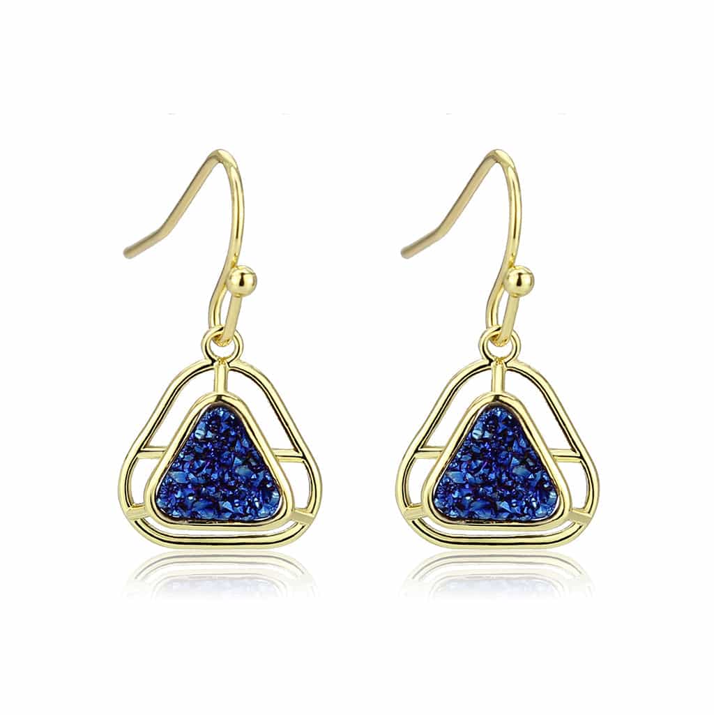 Brass Gold Blue Druzy Triangle Hook Drop Earrings view 4