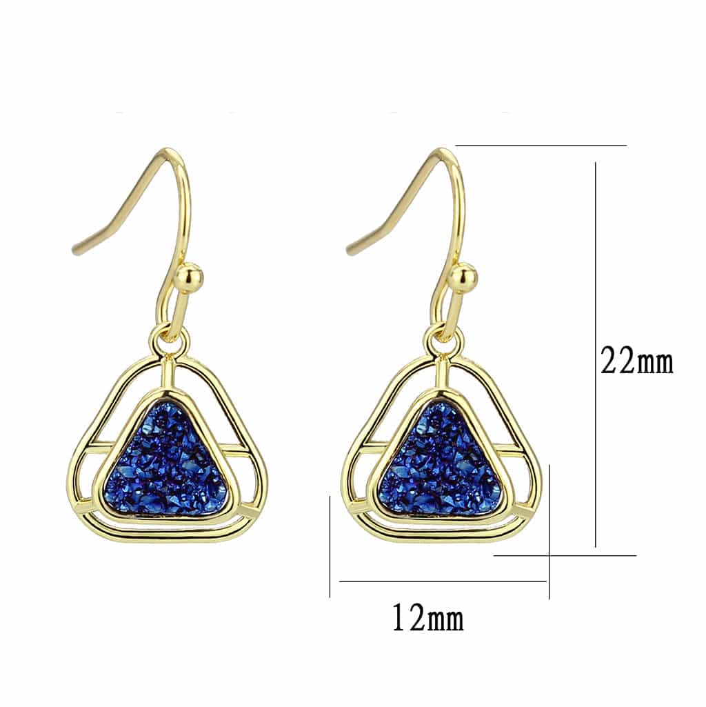 Brass Gold Blue Druzy Triangle Hook Drop Earrings view 2