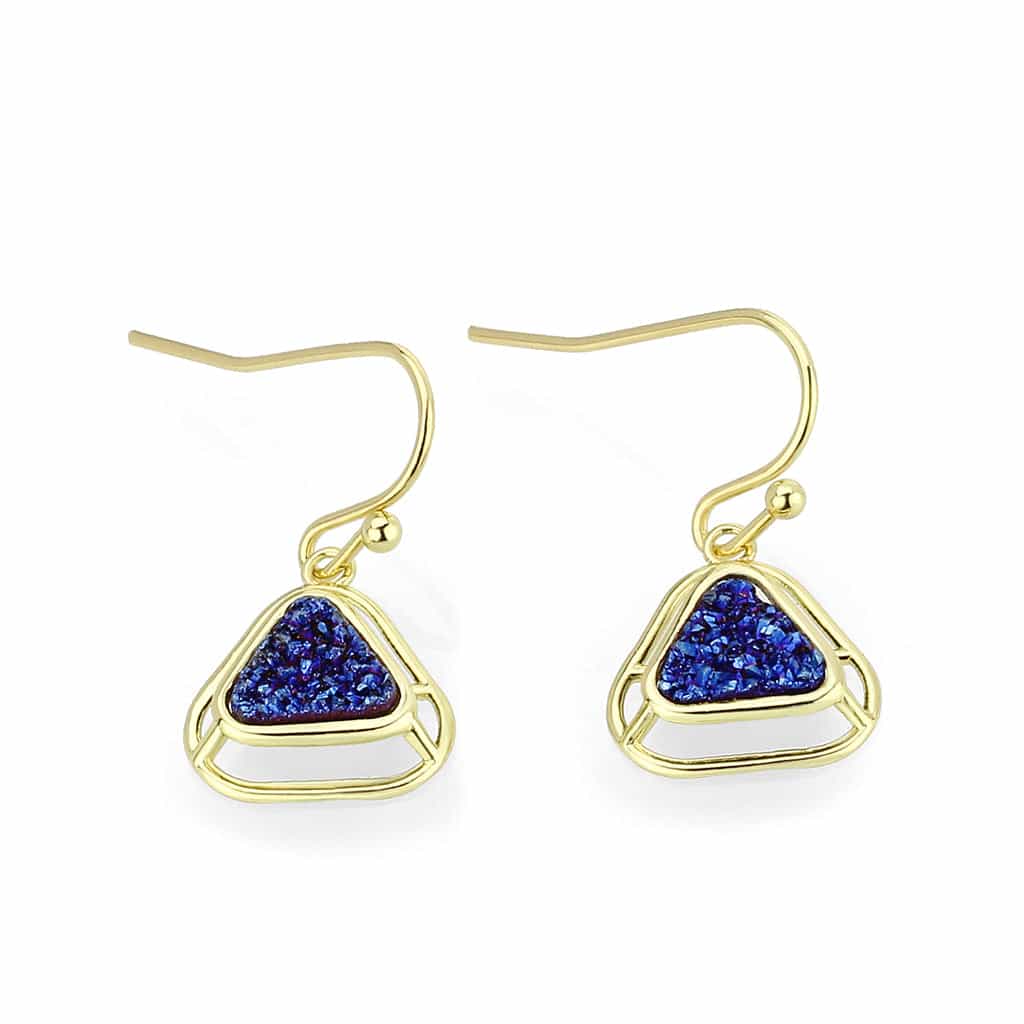 Brass Gold Blue Druzy Triangle Hook Drop Earrings view 1