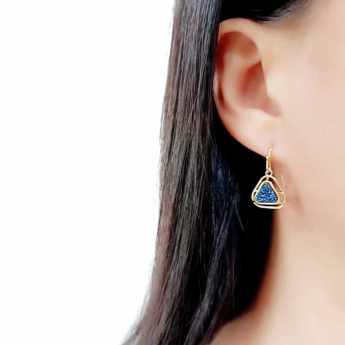 Brass Gold Blue Druzy Triangle Hook Drop Earrings view 3