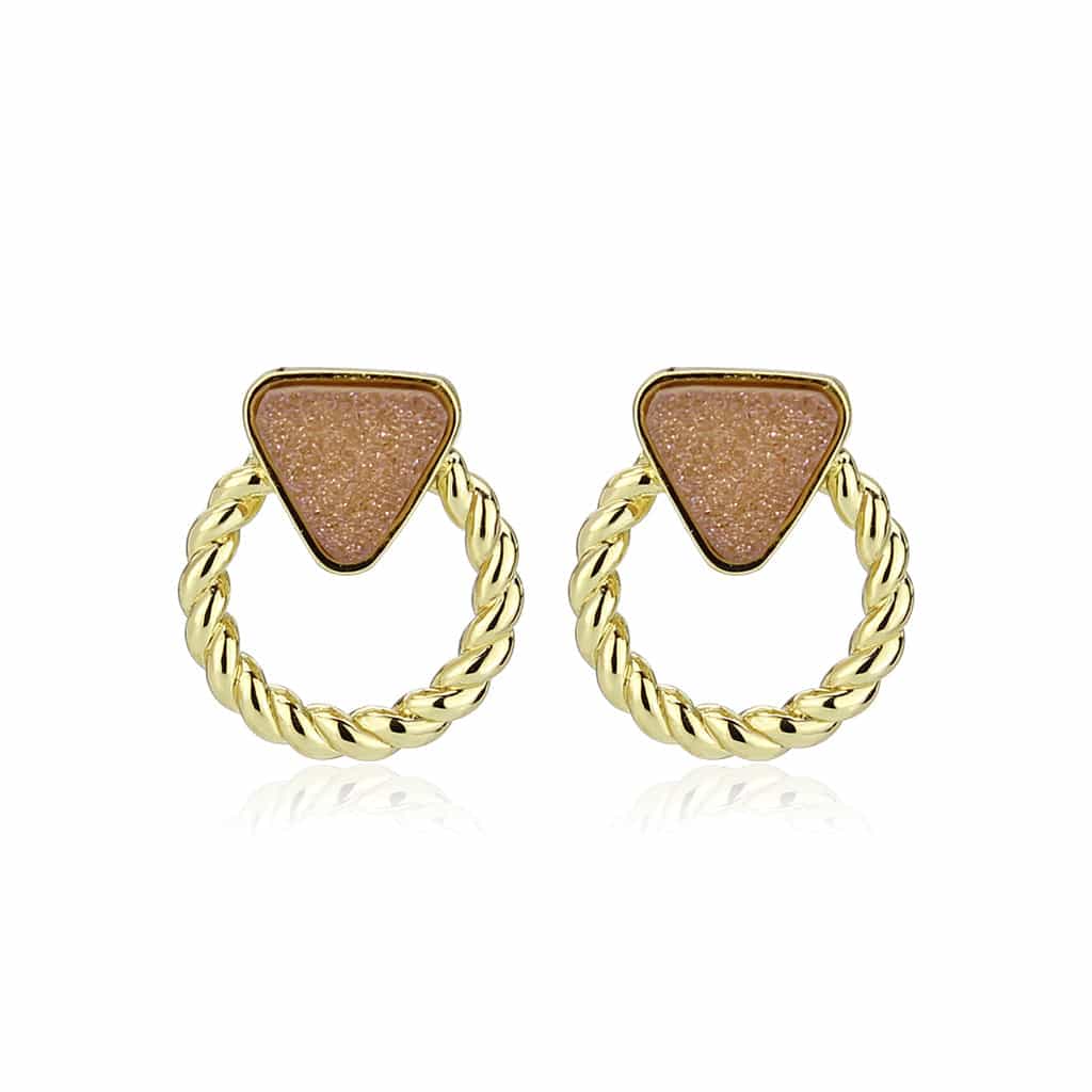 Brass Gold Rose Druzy Triangle Rope Stud Earrings view 4