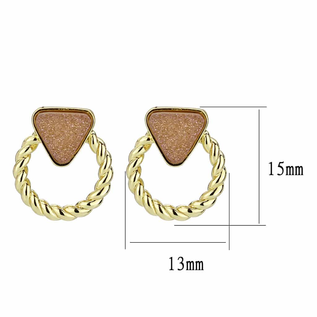 Brass Gold Rose Druzy Triangle Rope Stud Earrings view 2
