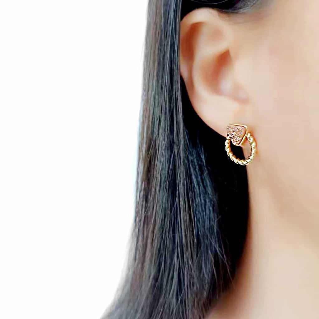 Brass Gold Rose Druzy Triangle Rope Stud Earrings view 3