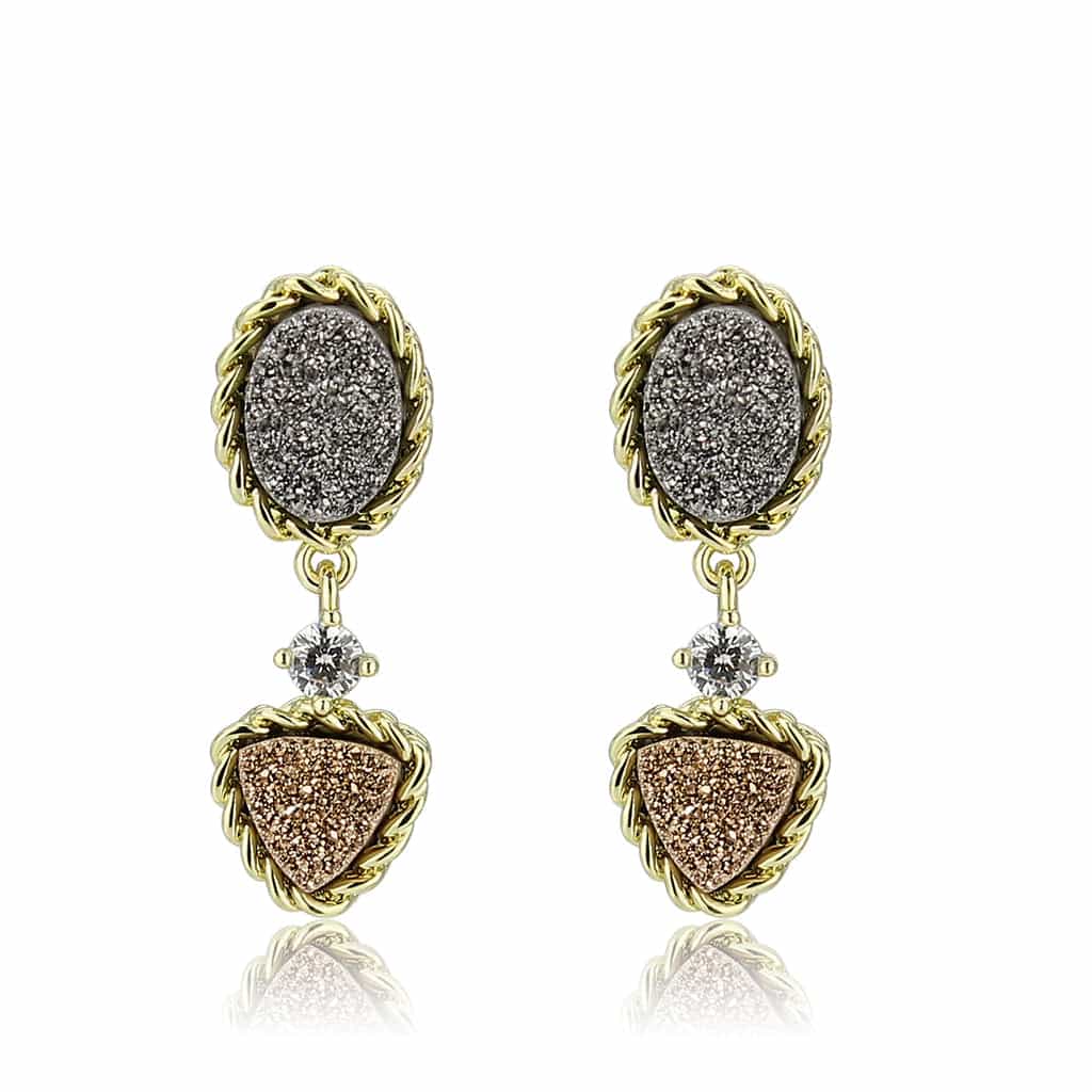 Brass Gold Gray Druzy Triangle Rope Drop Earrings view 4