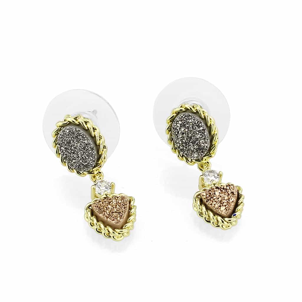 Brass Gold Gray Druzy Triangle Rope Drop Earrings view 2