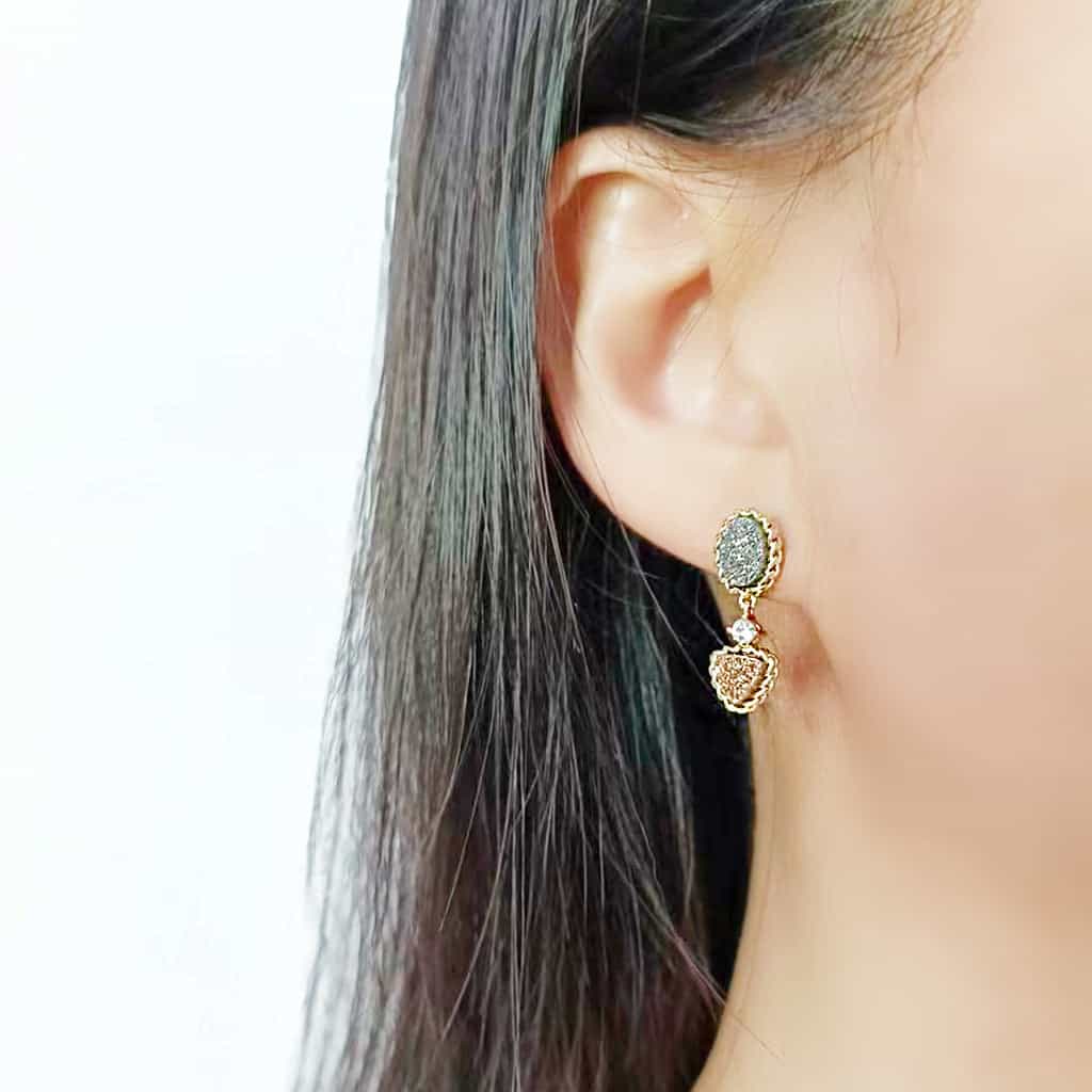 Brass Gold Gray Druzy Triangle Rope Drop Earrings view 3