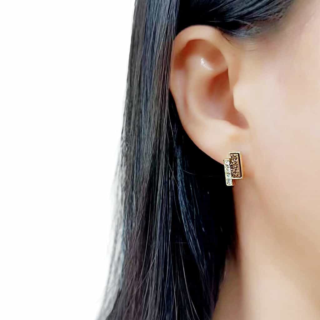 Brass Gold Bronze Druzy Rectangle CZ Stud Earrings view 3