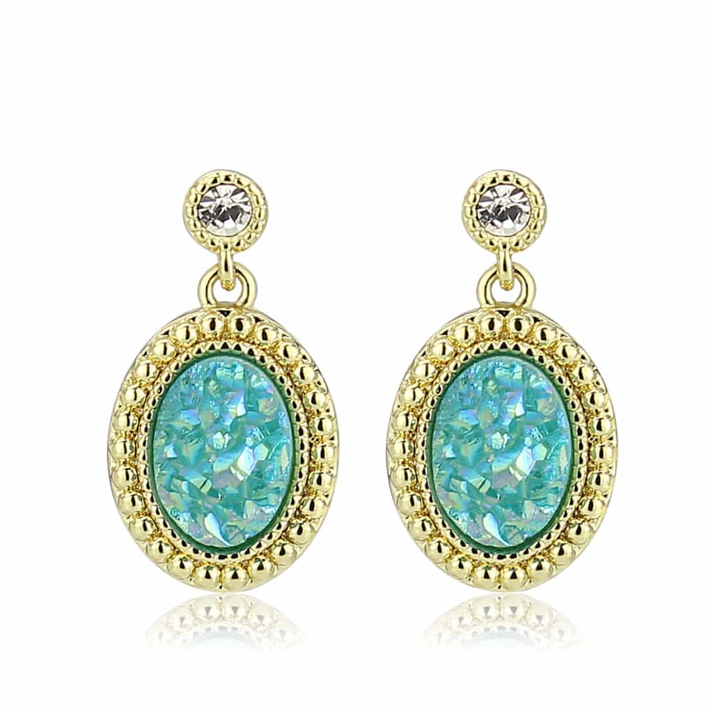 Brass Gold Turquoise Druzy Oval Double Drop Earrings view 4