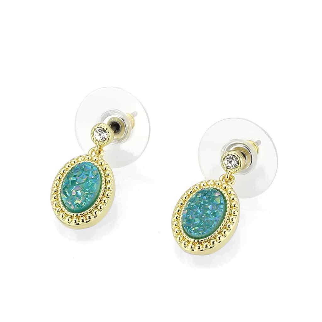 Brass Gold Turquoise Druzy Oval Double Drop Earrings view 1