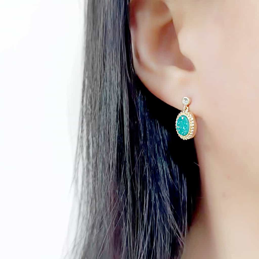 Brass Gold Turquoise Druzy Oval Double Drop Earrings view 3