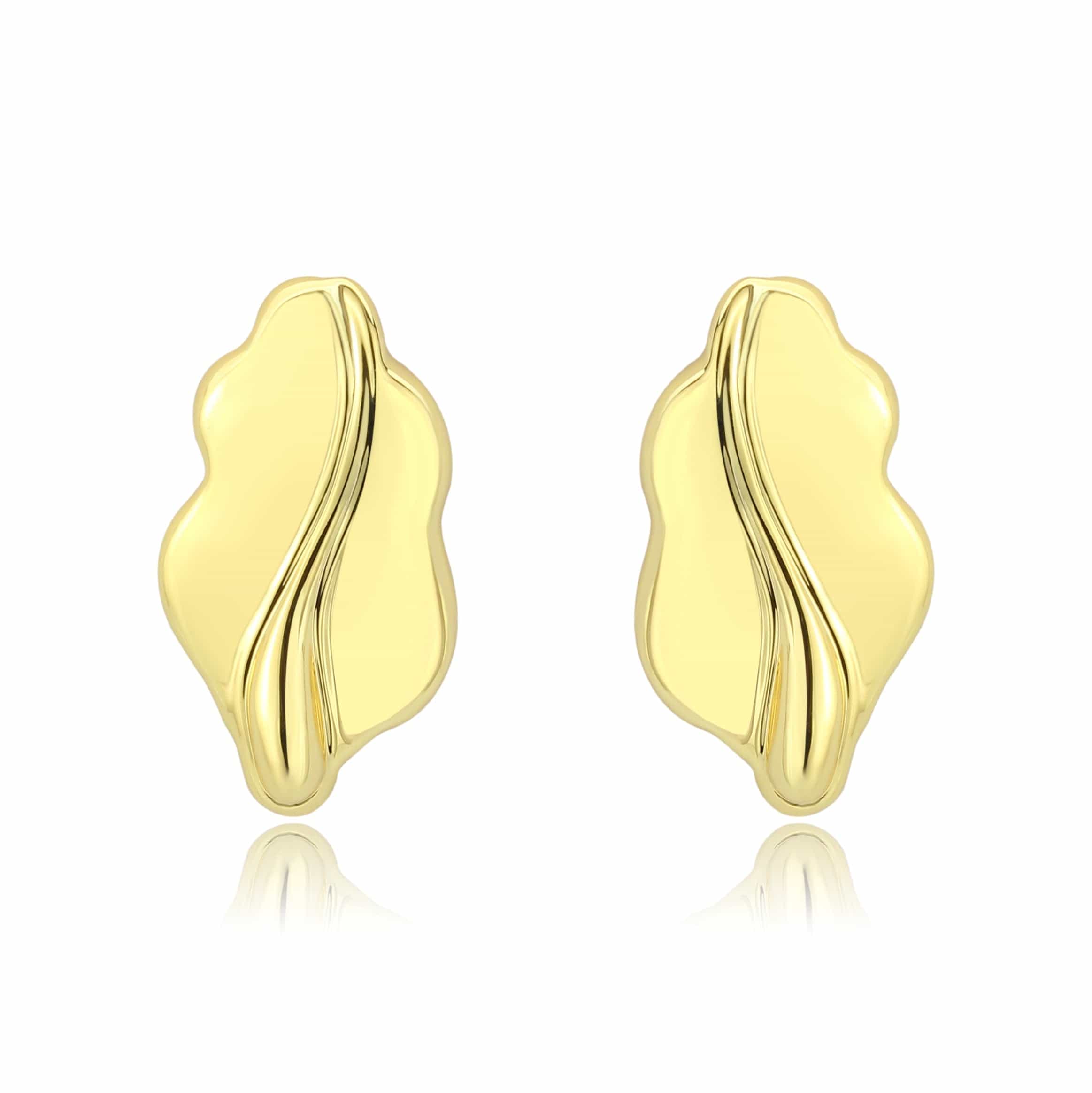 Brass Gold Polished Wave Ruffle Stud Earrings view 1