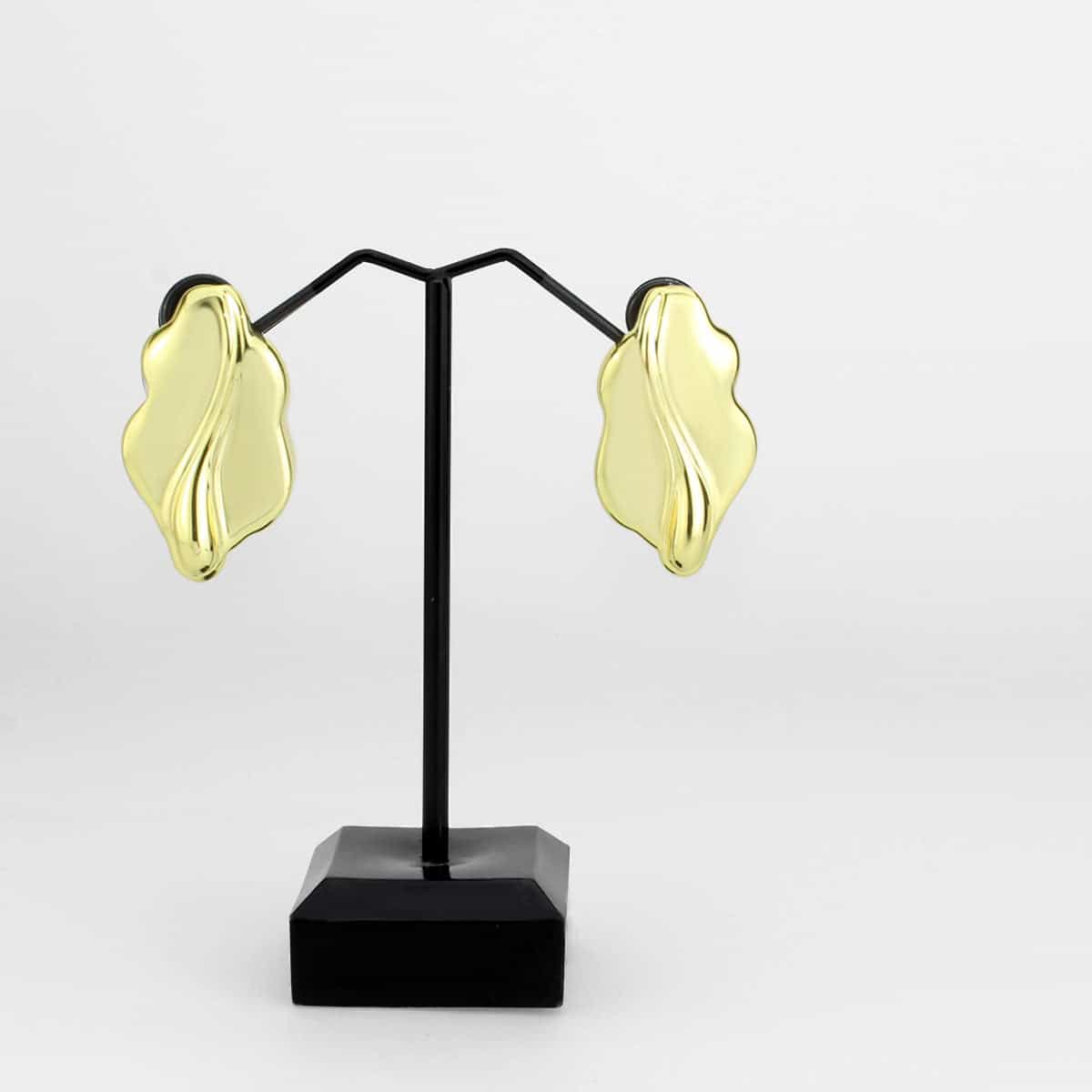 Brass Gold Polished Wave Ruffle Stud Earrings view 2