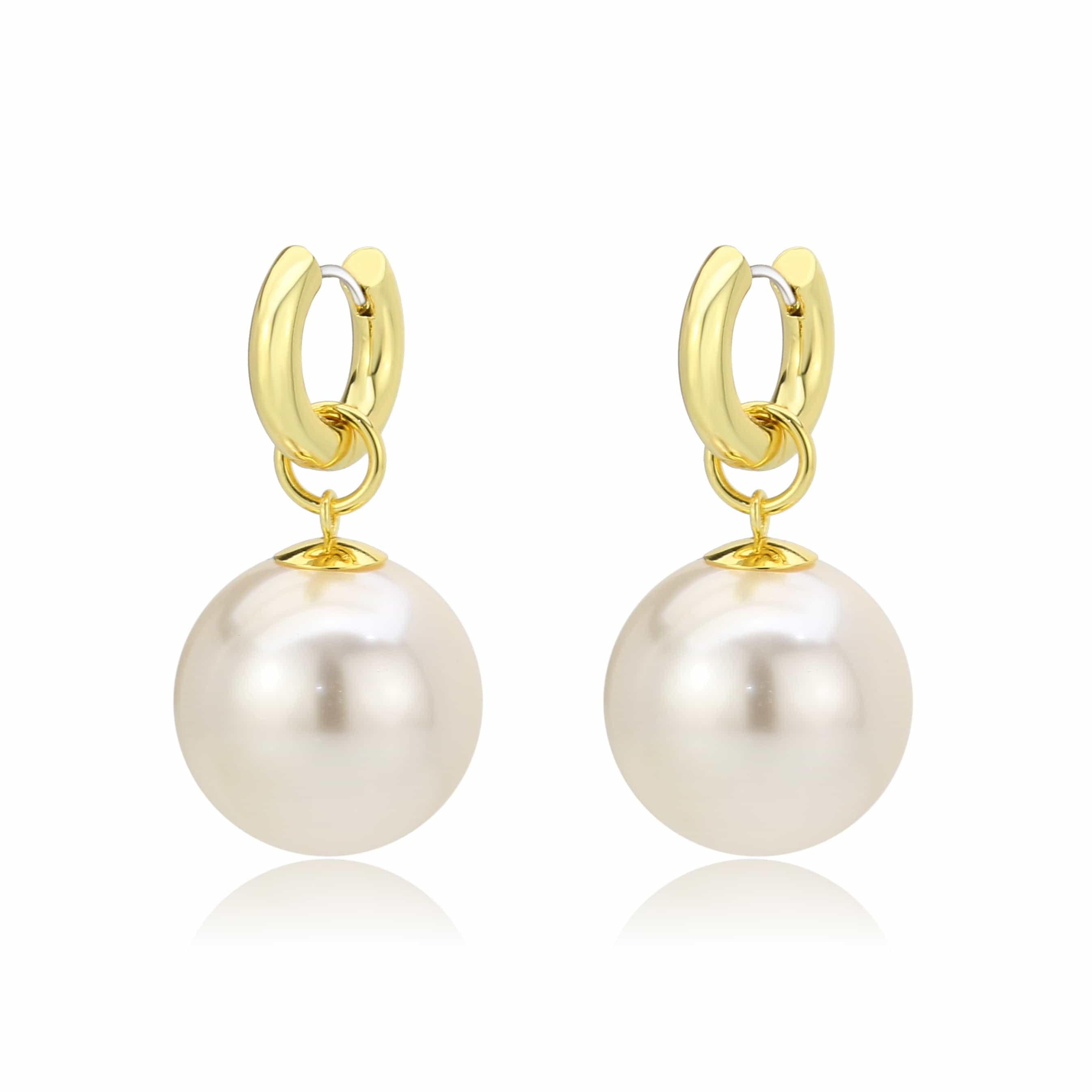 Brass Gold Pearl Dangle Huggie Drop Earrings view 1