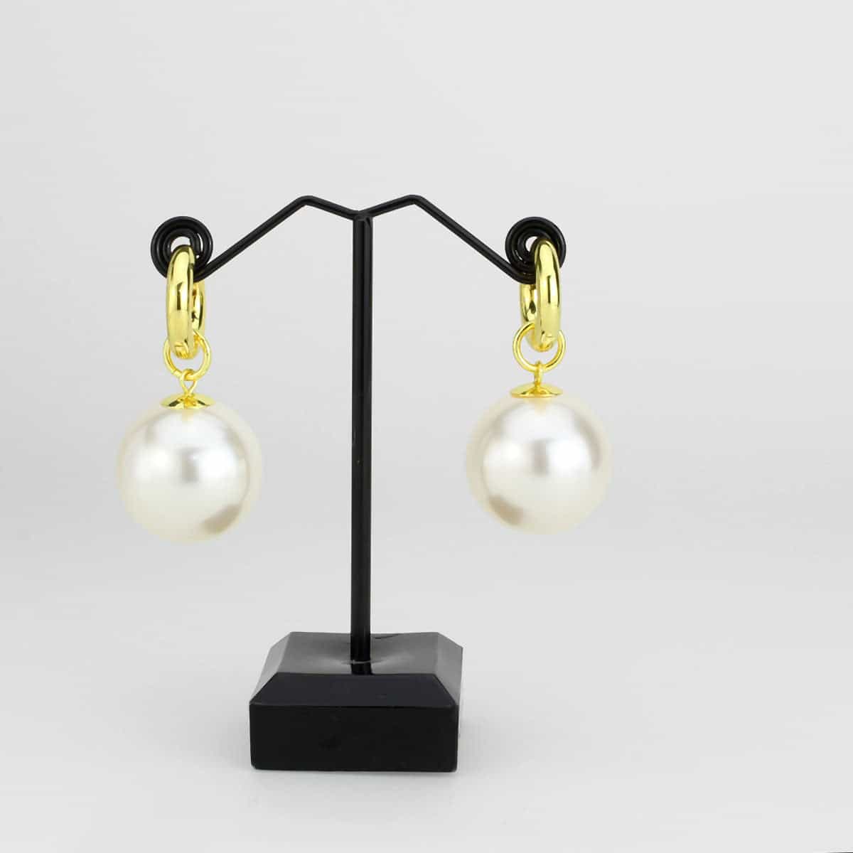 Brass Gold Pearl Dangle Huggie Drop Earrings view 3