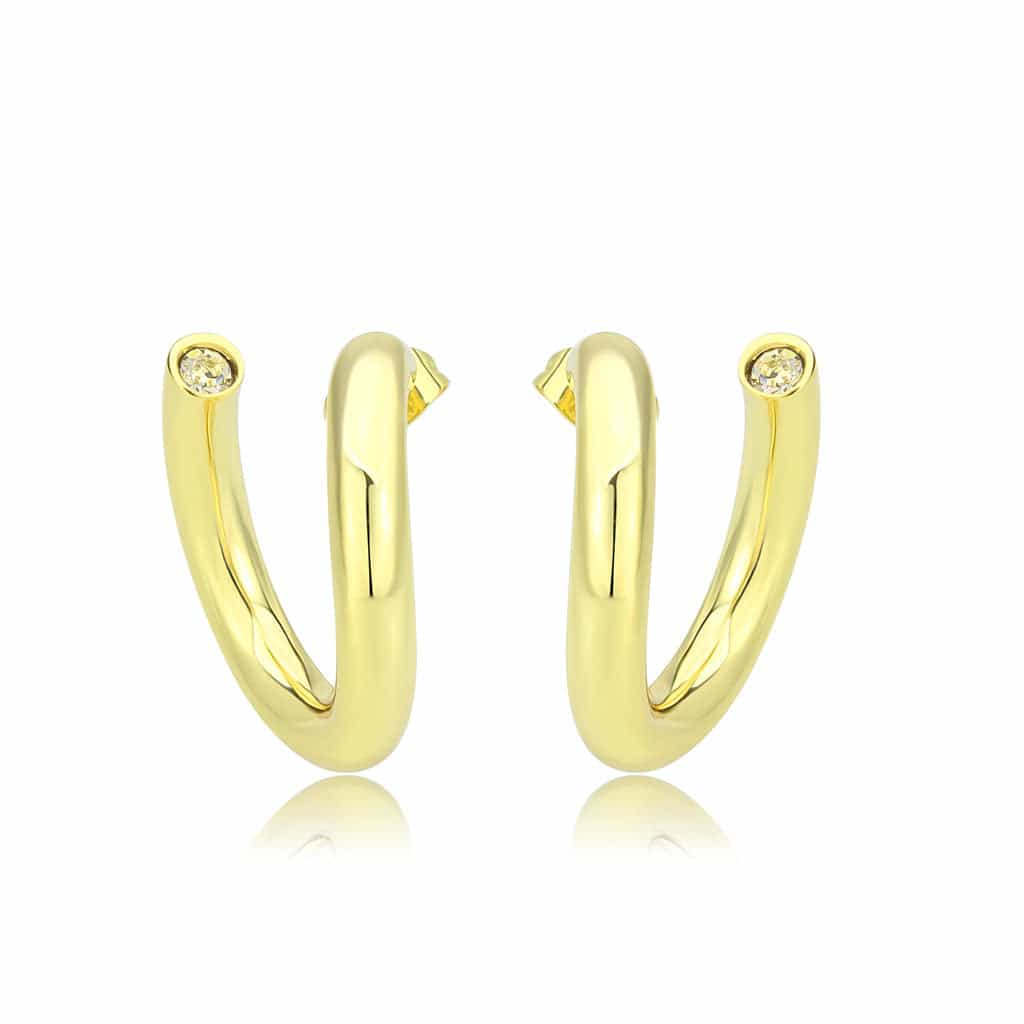 Brass Gold CZ Accent U-Shape Chunky Hoop Earrings view 1