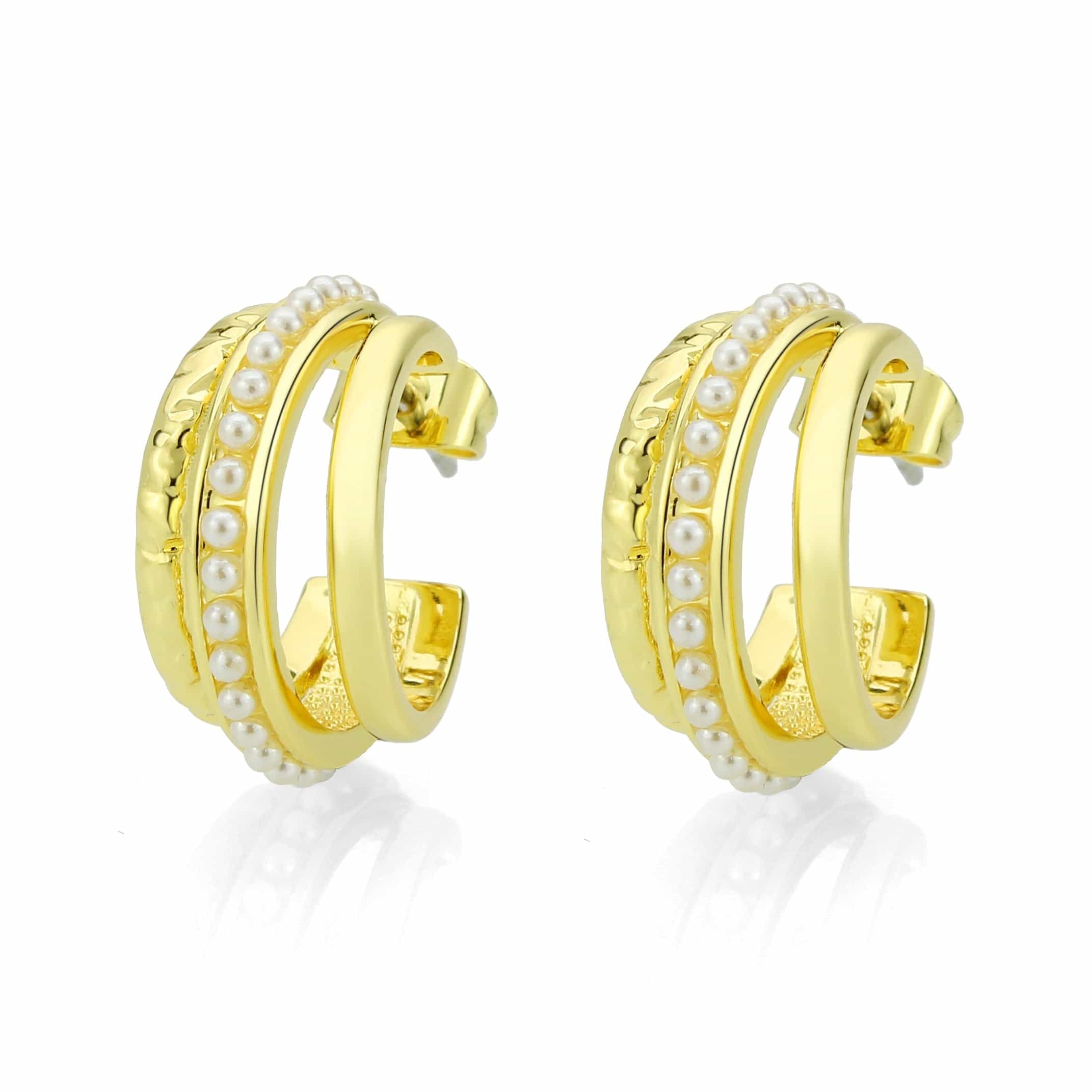 Brass Gold Pearl Triple Row Huggie Earrings view 1