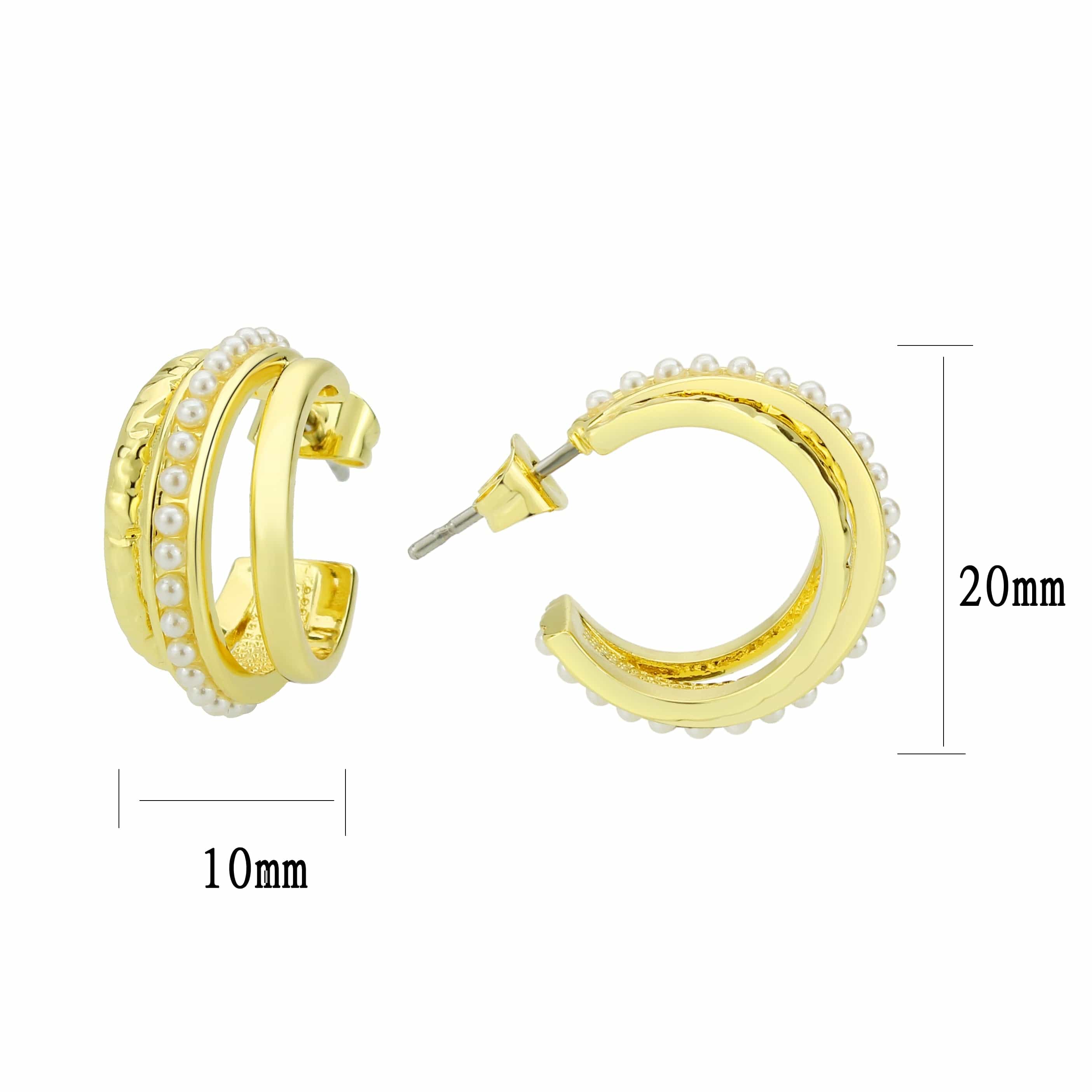 Brass Gold Pearl Triple Row Huggie Earrings view 3
