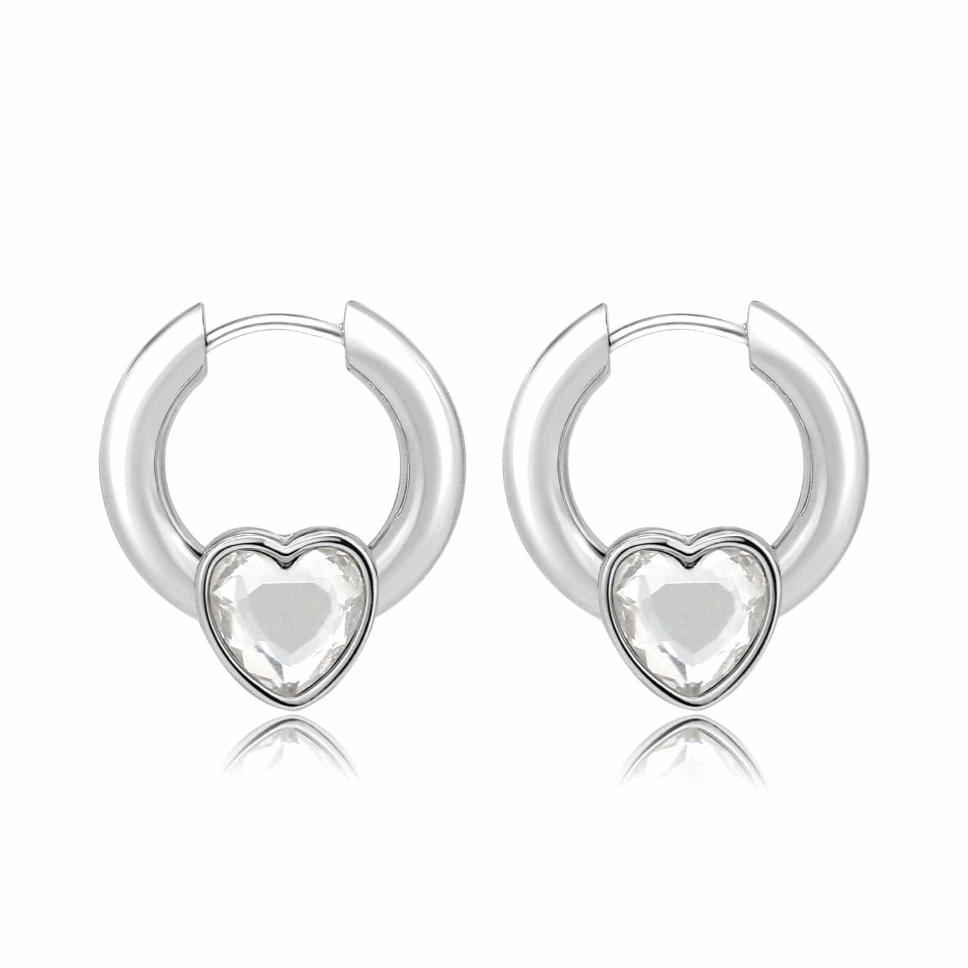 Brass Crystal Heart Charm Huggie Earrings | The Stainless Jewelry view 1