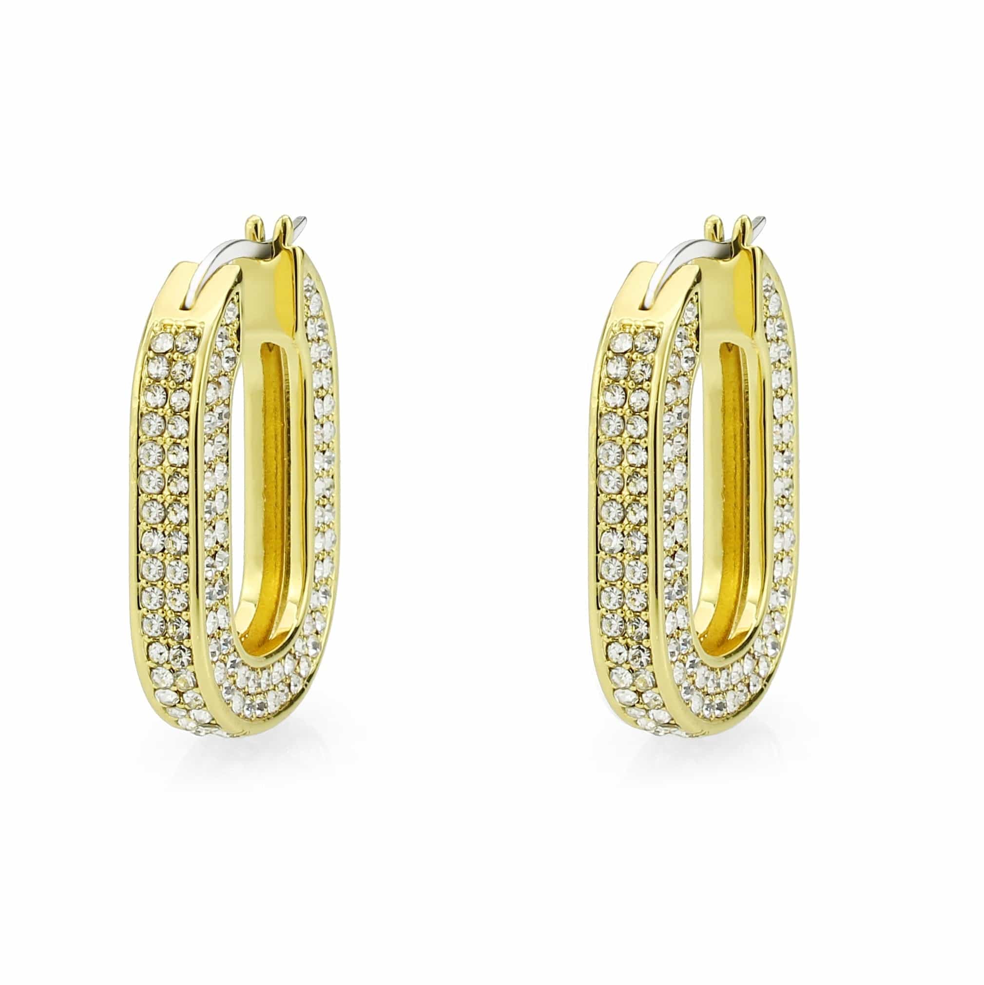 Brass Gold CZ Pave Elongated Oval Hoop Earrings view 1