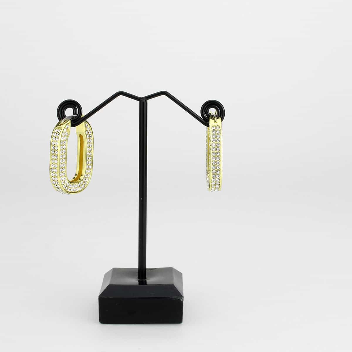 Brass Gold CZ Pave Elongated Oval Hoop Earrings view 3