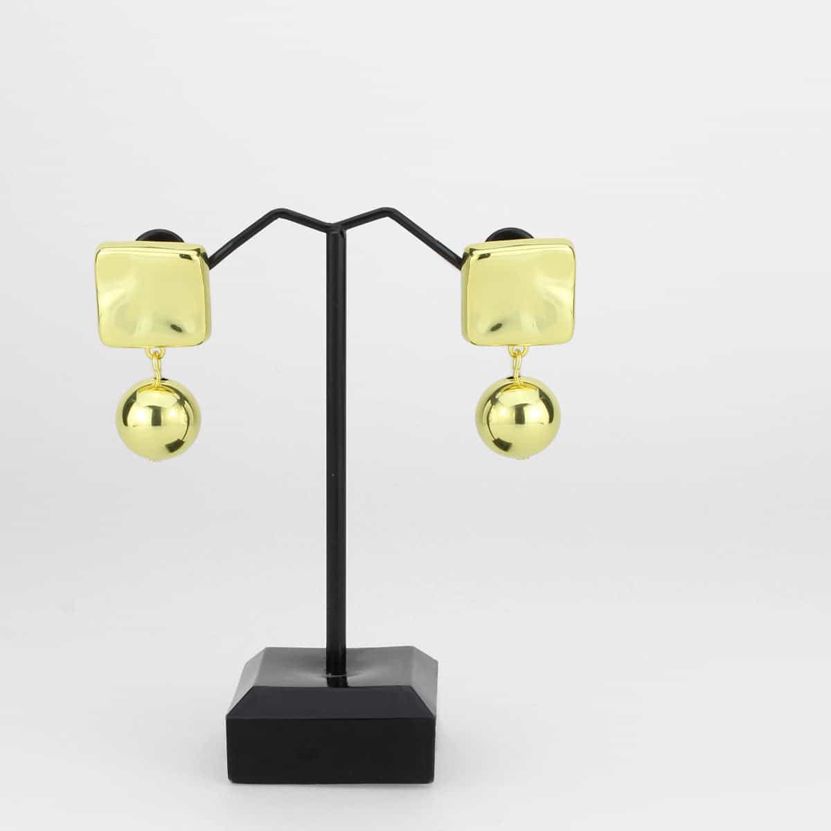 Brass Gold Square Cushion Ball Dangle Drop Earrings view 2