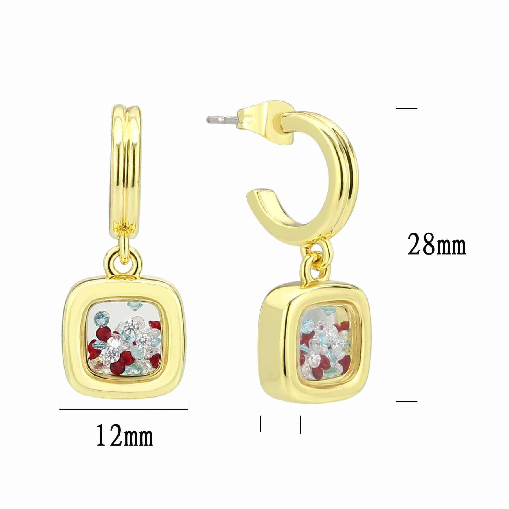 Brass Gold Multicolor CZ Flower Square Charm Drop Earrings view 3
