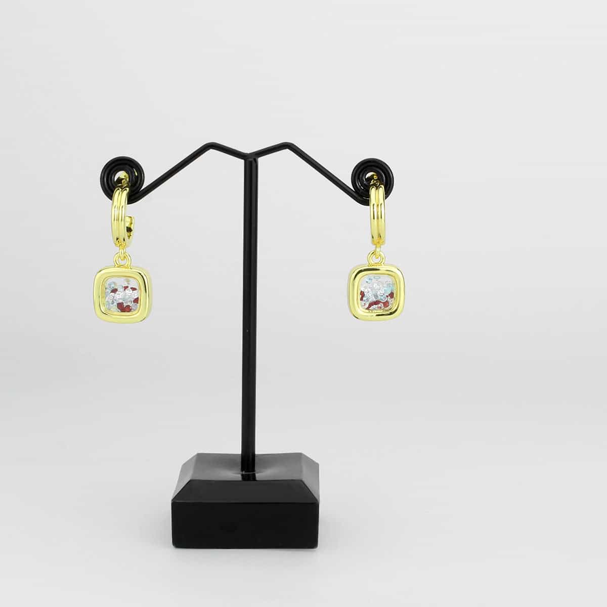 Brass Gold Multicolor CZ Flower Square Charm Drop Earrings view 2