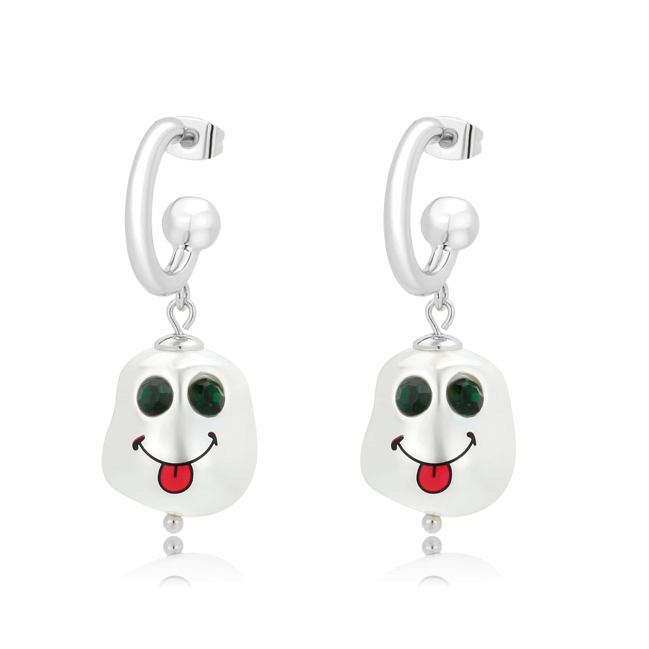 Brass Smiley Face Pearl Charm Huggie Drop Earrings view 3