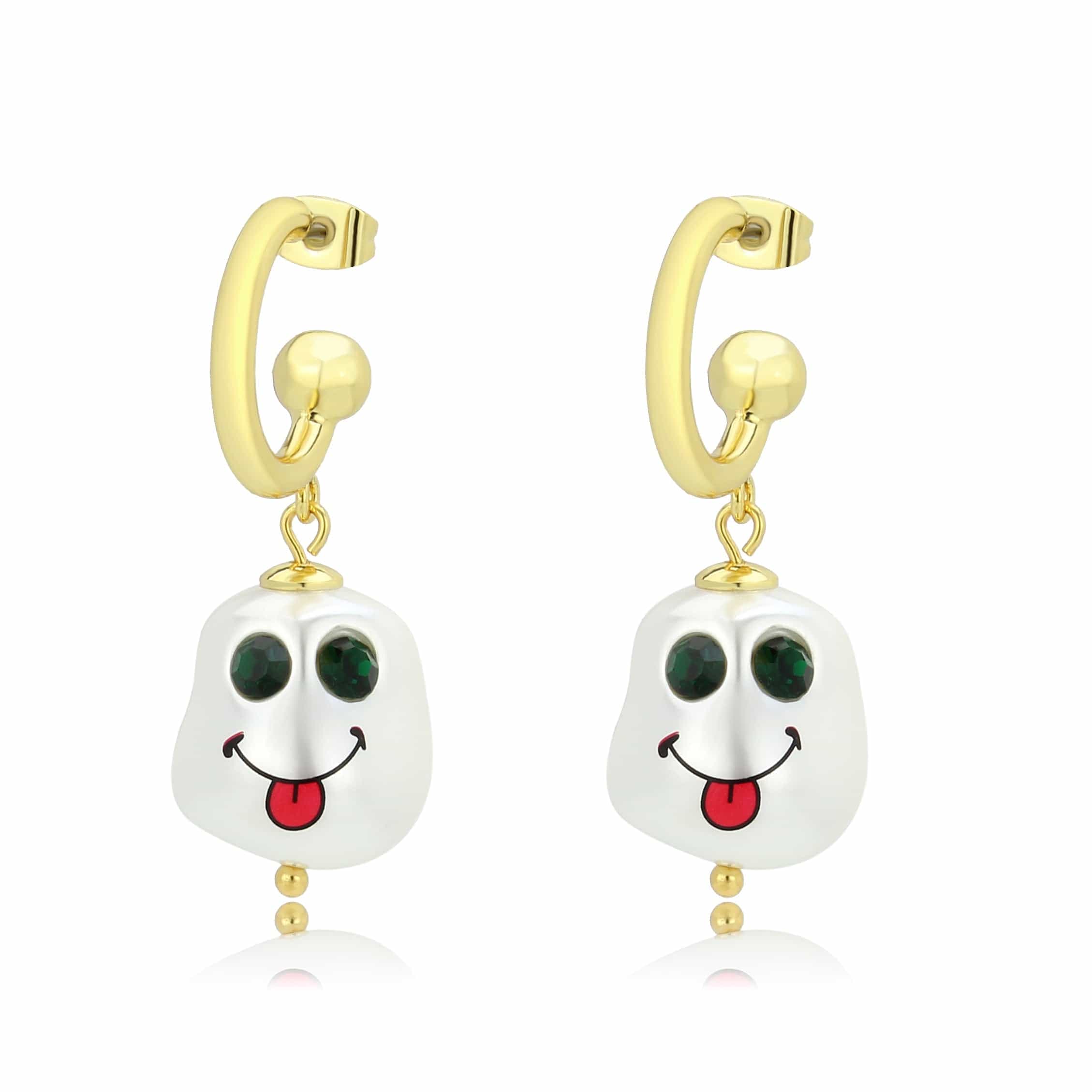 Brass Gold Smiley Face Pearl Charm Huggie Drop Earrings view 3
