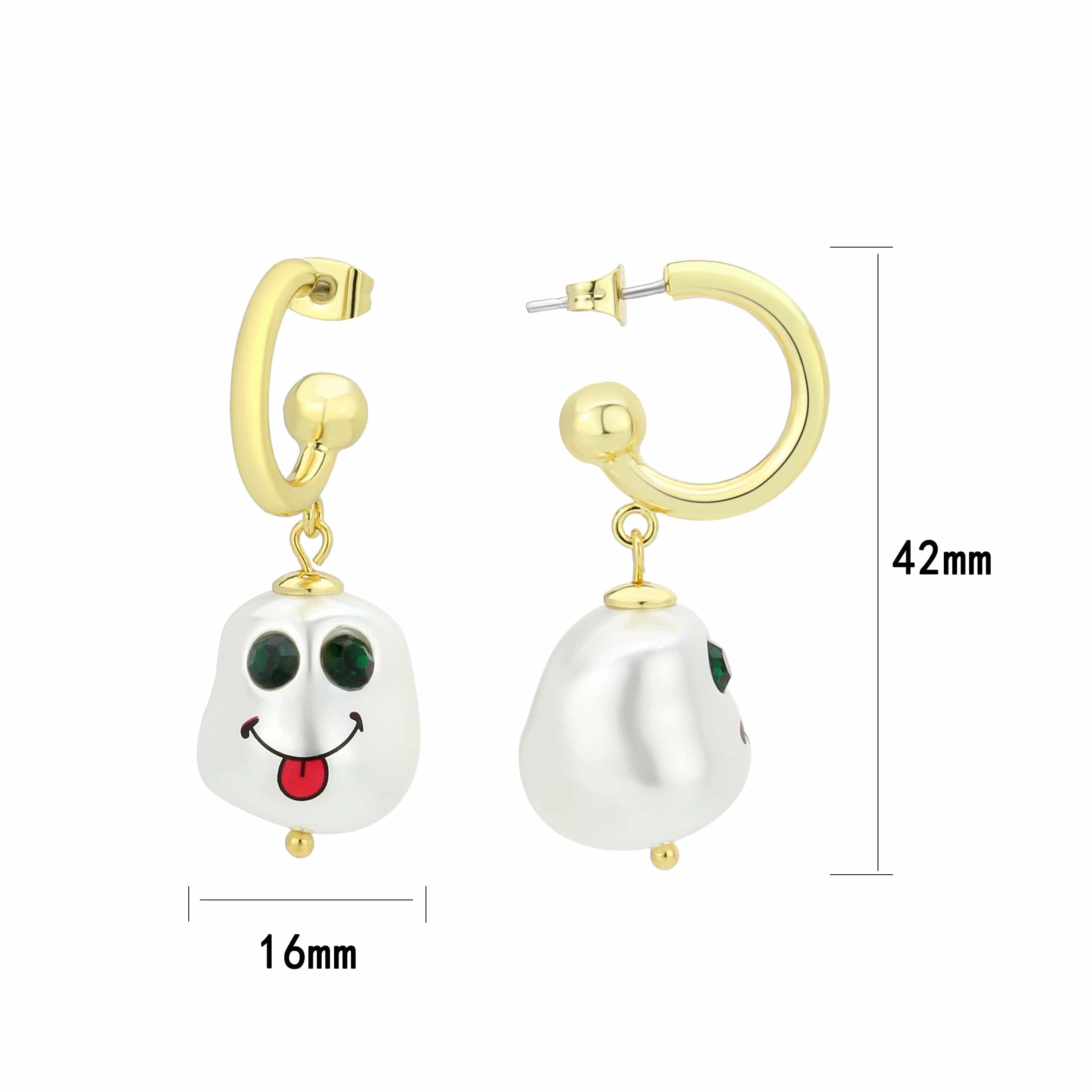 Brass Gold Smiley Face Pearl Charm Huggie Drop Earrings view 1