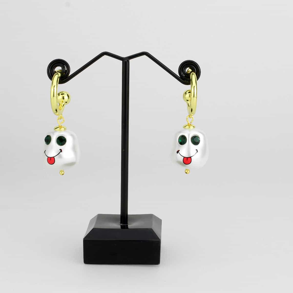 Brass Gold Smiley Face Pearl Charm Huggie Drop Earrings view 2