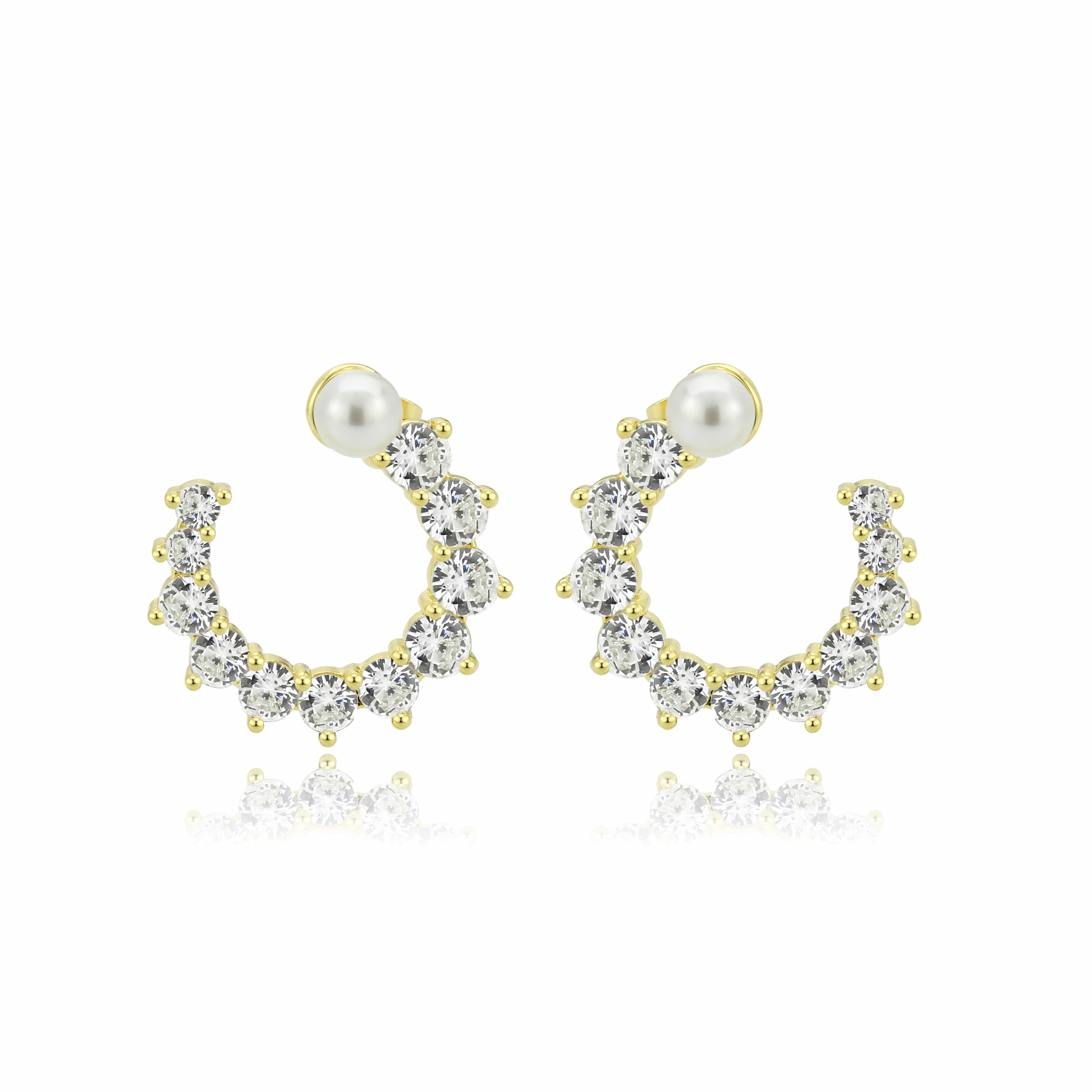 Brass Gold CZ Pearl Cluster Crescent Cuff Earrings view 3