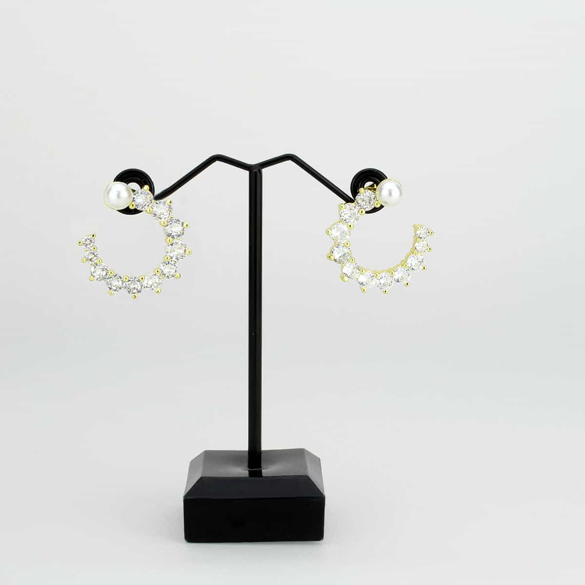 Brass Gold CZ Pearl Cluster Crescent Cuff Earrings view 2