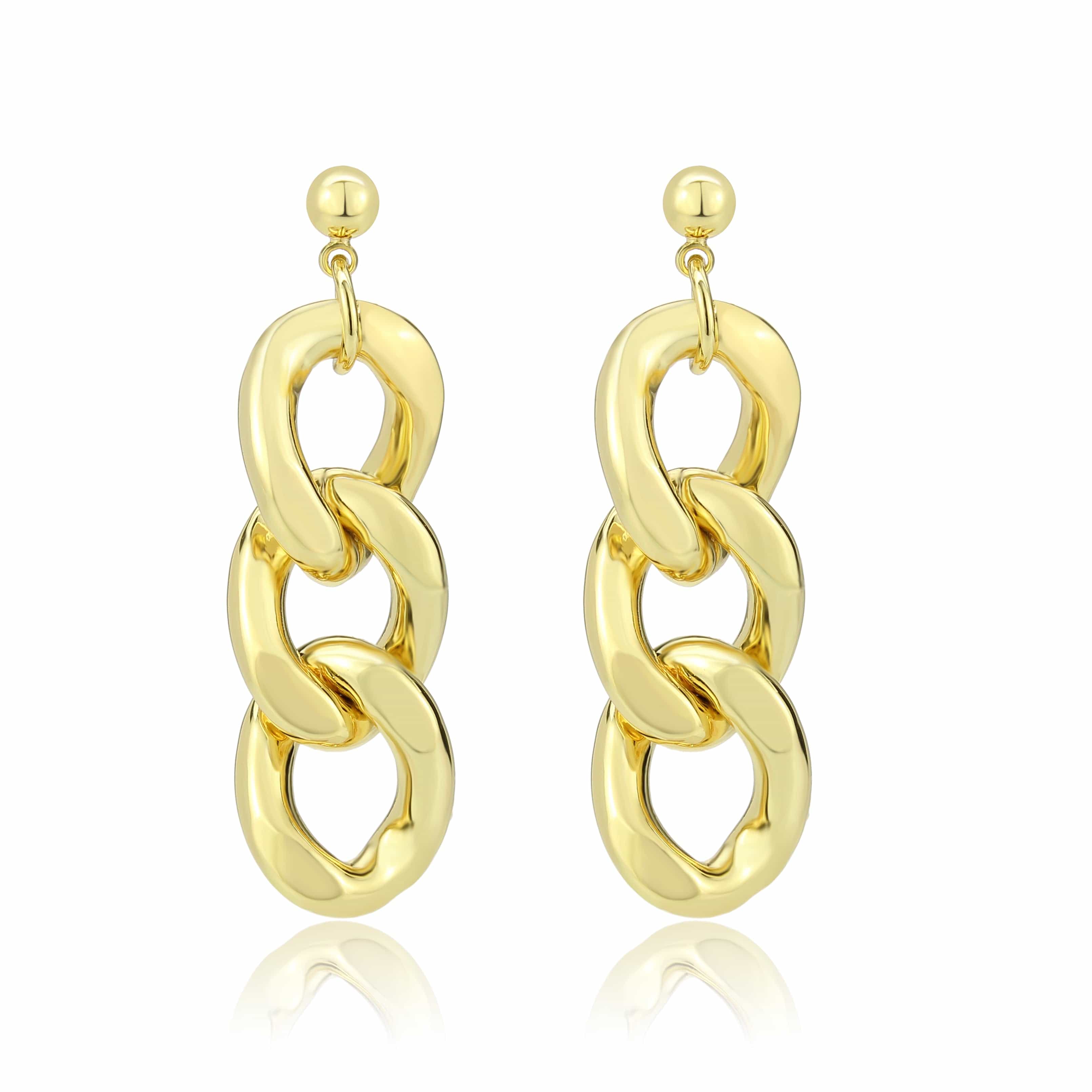 Brass Gold Curb Chain Triple Link Drop Earrings view 1