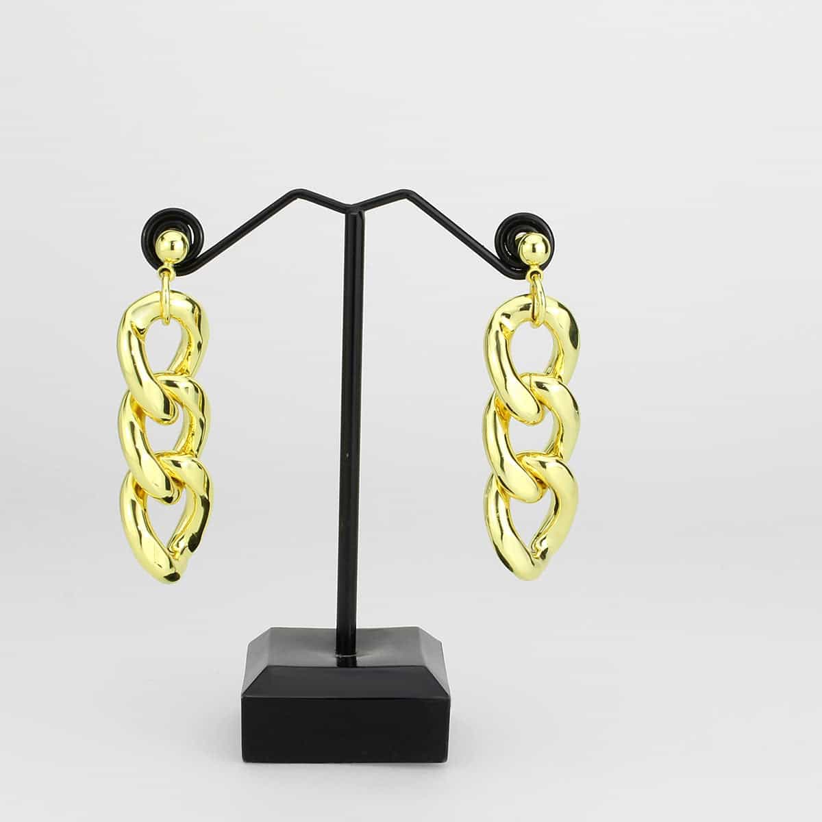 Brass Gold Curb Chain Triple Link Drop Earrings view 2